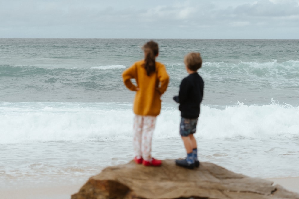 a couple of kids standing on top of a rock near the ocean