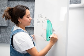 a woman writing on a white board with a marker