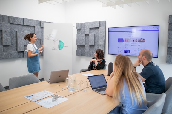 A small group of people are gathered in a modern conference room. One person stands by a whiteboard presenting a diagram labeled 'UGC Types', while the others are seated around a wooden table with laptops and papers. A large screen on the wall displays content related to the presentation.