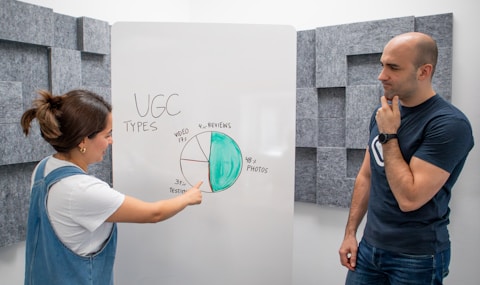 a man and a woman standing in front of a whiteboard