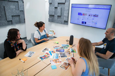 A vibrant team collaborating on social media content ideas