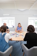 A group of four people are seated around a table with various photographs spread out on its surface. The room is well-lit with natural light coming through two large windows. The individuals appear to be engaged in a discussion or meeting.