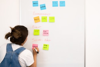 a woman writing on a white board with sticky notes