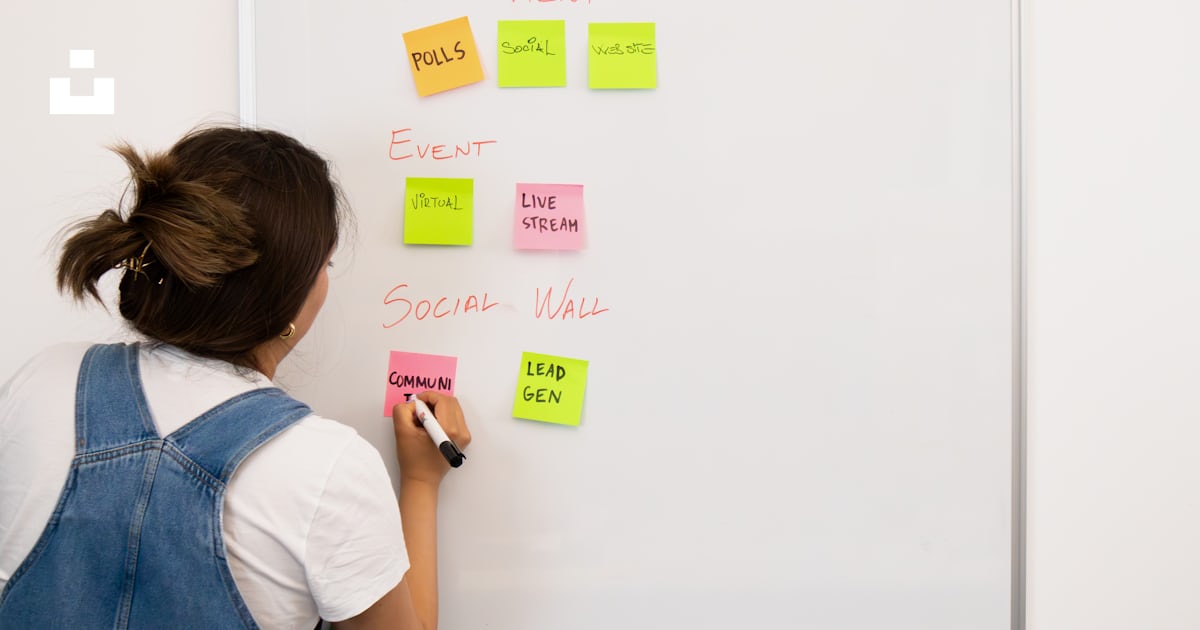 Une femme écrivant sur un tableau blanc avec des notes autocollantes ...