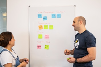 Two people stand in front of a whiteboard covered with colorful sticky notes. The notes are arranged into categories: 'User-Generated Content,' 'Engagement,' 'Event,' and 'Social Wall.' The individuals appear to be in discussion, with one holding a marker.