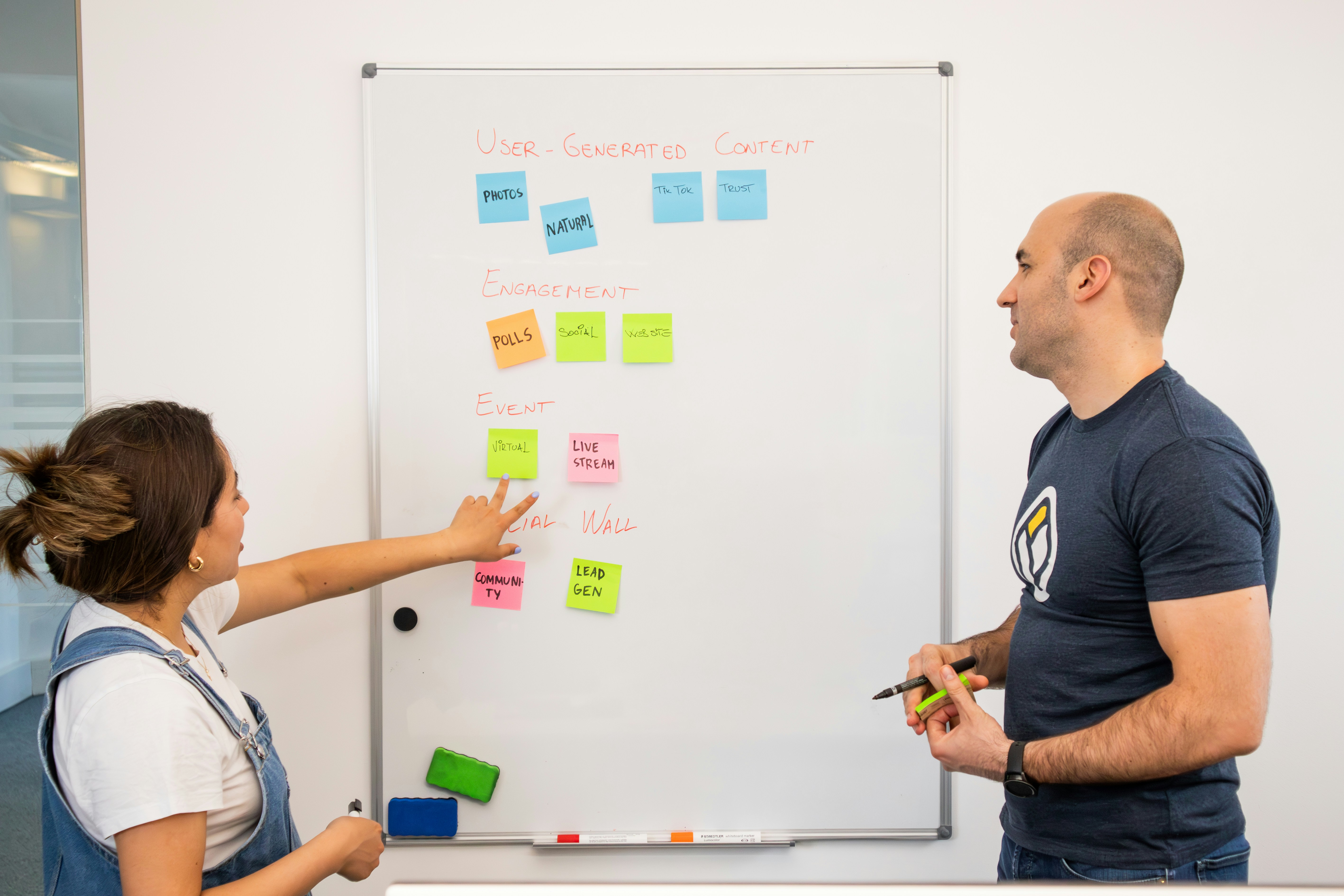 a man and a woman standing in front of a whiteboard