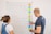 Two people engage in a discussion near a whiteboard. One person is writing or pointing on the board which contains colorful sticky notes and flowchart-like diagrams with words like 'Engagement', 'Event', and 'Social Wall' connected by arrows.