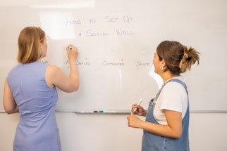 Two people are writing on a whiteboard, discussing the setup process for a social wall. The board is divided into sections labeled: setup, add sources, customize, and share. One person is wearing a blue dress and the other is wearing denim overalls.