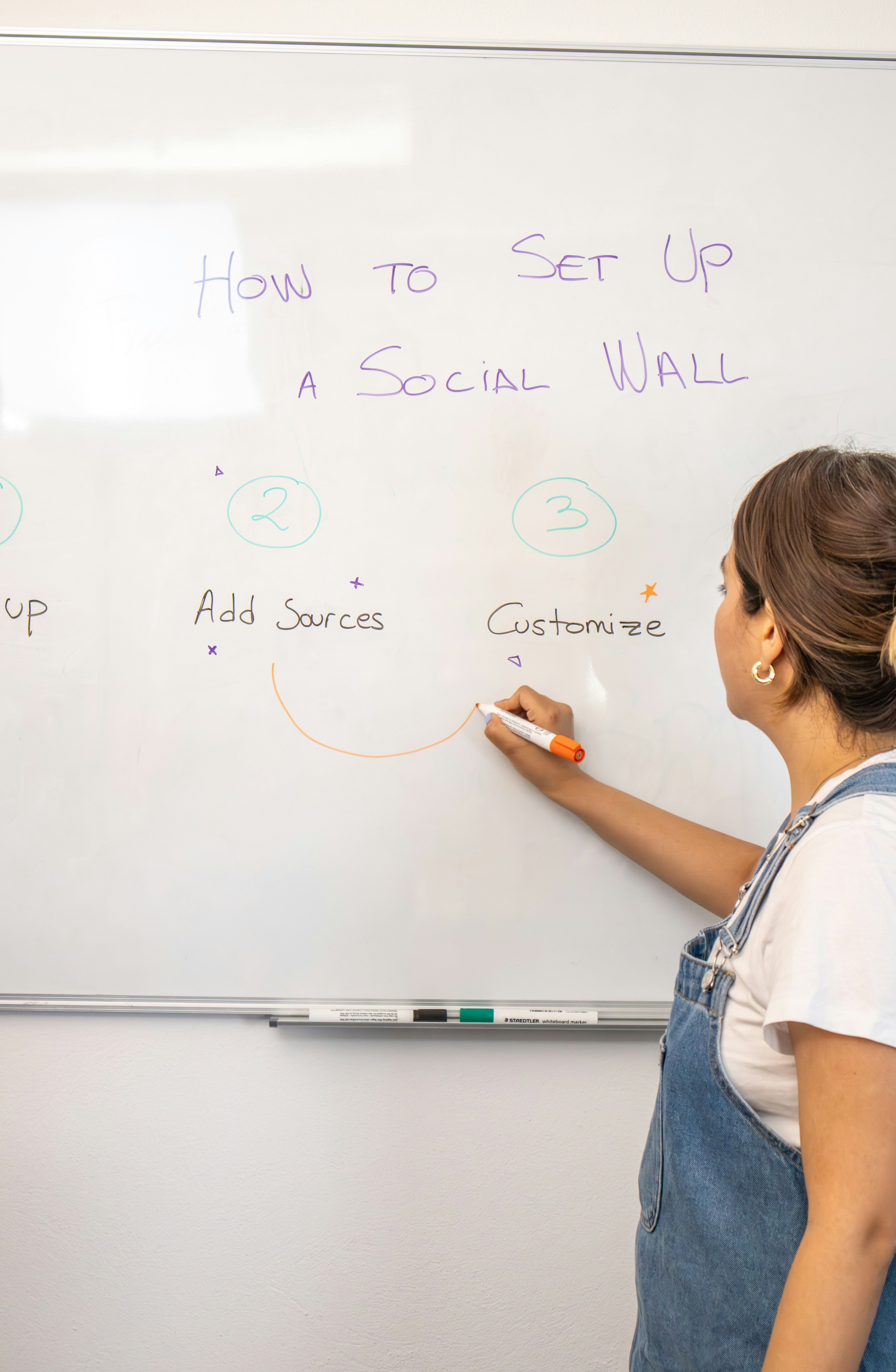 a woman writing on a white board with marker