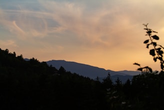 A scenic forested mountain range under clear skies during sunset.