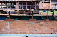 A rustic outdoor setup featuring a series of concrete tanks divided by partitions, with a brick wall in the foreground. The background shows a partially covered area with a metal roof, possibly a shed or animal enclosure. Some greenery is visible, suggesting an outdoor agricultural or farm setting.