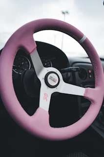 Close-up of a stylish steering wheel cover and floor mats inside a car