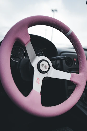 Close-up of a stylish steering wheel cover and floor mats inside a car