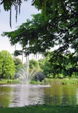 a pond with a fountain in the middle of it