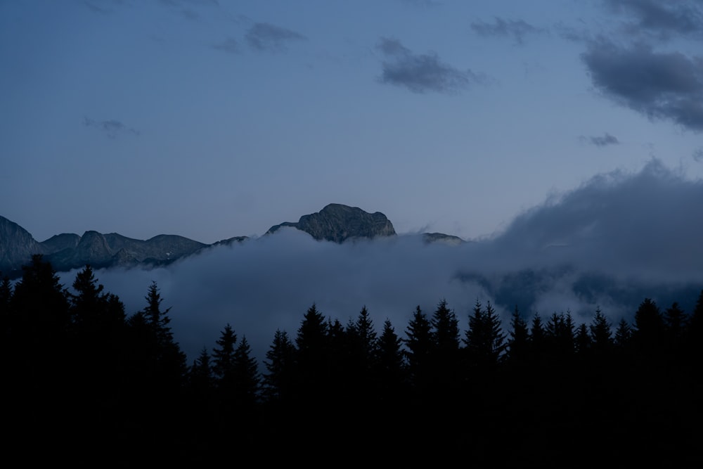 a view of a mountain range covered in clouds