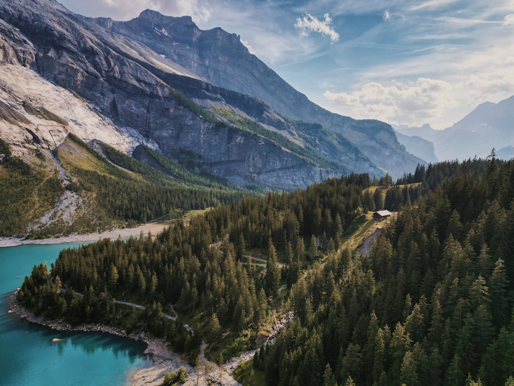 a scenic view of a mountain lake surrounded by pine trees