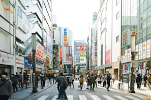 Nearby shopping district bustling with activity during lunch hour