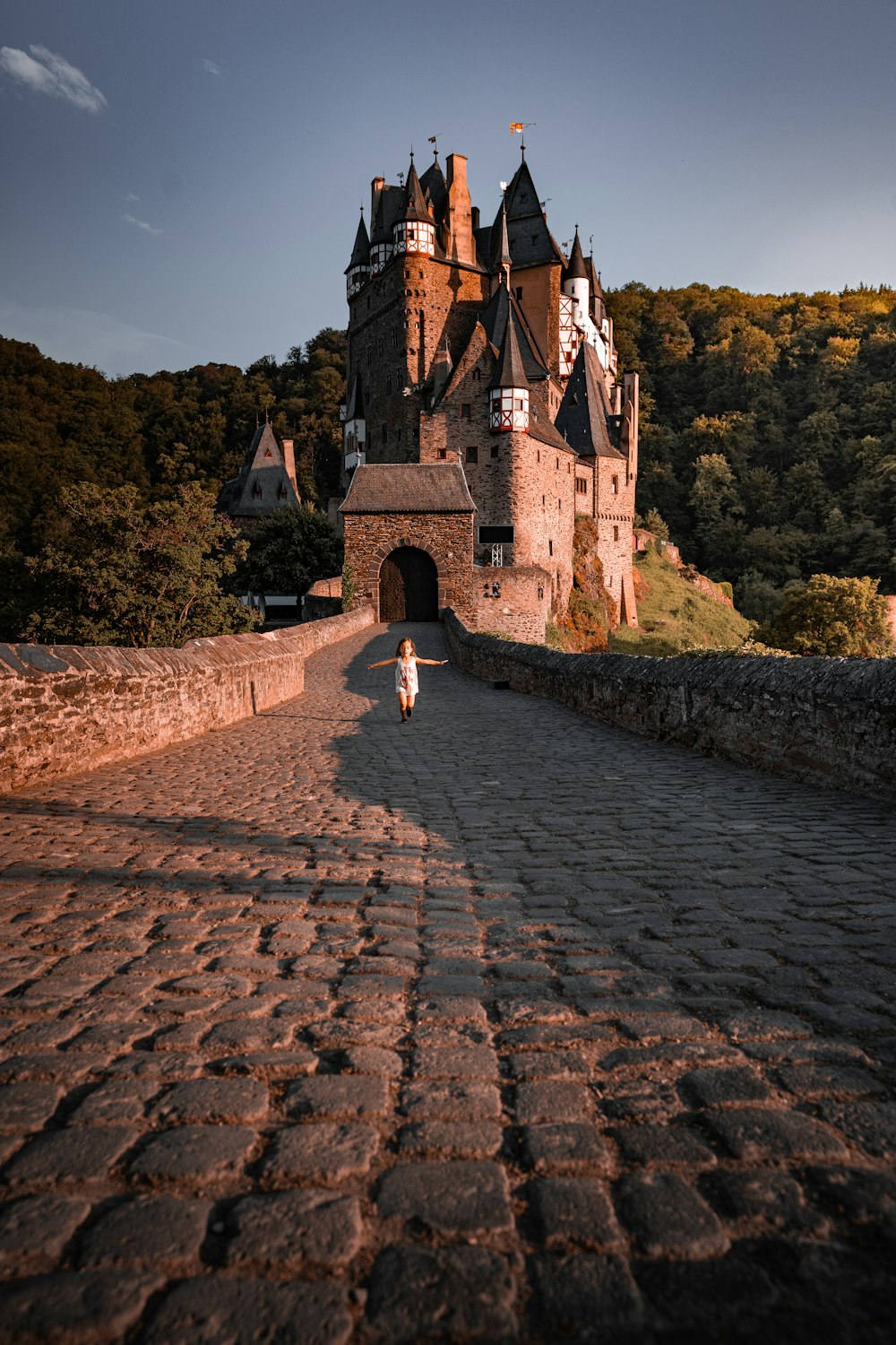 a person walking down a cobblestone road in front of a castle
