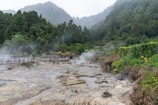 A scenic view of a geothermal area with steam rising from the ground. The landscape is lush and green with dense forested hills in the background. A wooden walkway runs across the scene, with a couple of people walking on it, observing the steamy grounds.