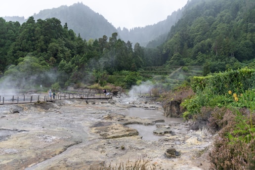A scenic view of a geothermal area with steam rising from the ground. The landscape is lush and green with dense forested hills in the background. A wooden walkway runs across the scene, with a couple of people walking on it, observing the steamy grounds.