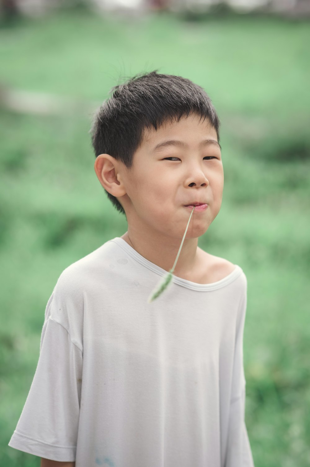 a young boy with a flower in his mouth