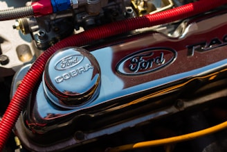 A close-up view of a shiny chrome engine valve cover with embossed Ford branding and the word 'Cobra'. Red braided hoses and metal components are visible in the background.