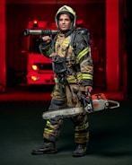 A firefighter stands confidently while wearing full protective gear, including a helmet and reflective striped uniform. He holds a chainsaw in one hand and a hose nozzle over his shoulder. A fire truck with red lights is visible in the background, creating a dramatic scene.
