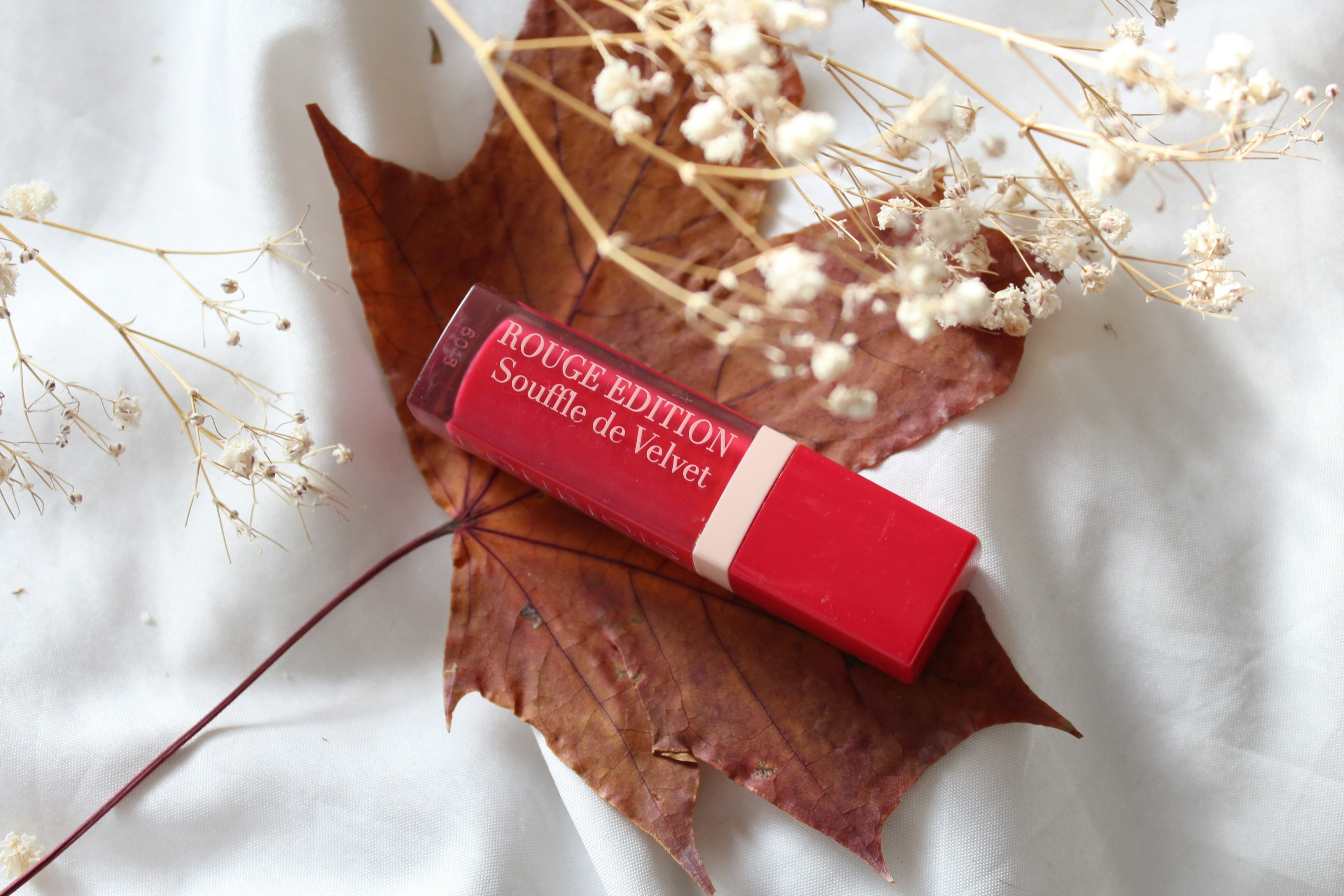a red lip sitting on top of a leaf