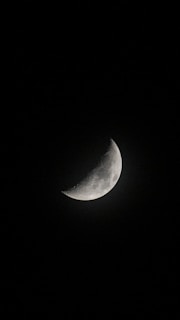 A crescent moon is visible against a deep black sky, with detailed craters and surface textures highlighted by the light.