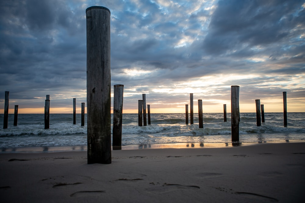 a beach with a bunch of poles sticking out of the sand