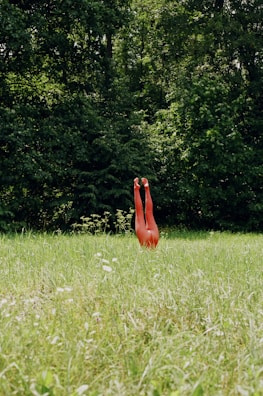 A pair of red sculpture legs are inverted in a lush green field, surrounded by tall grass and dense trees in the background.