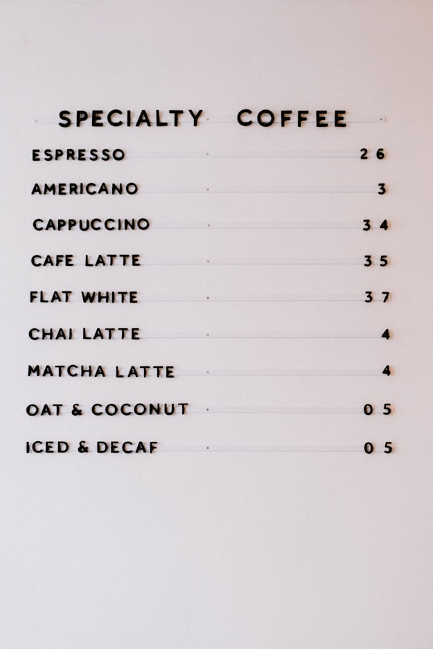 a menu for a coffee shop with a price list