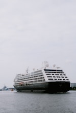 A large cruise ship travels across a calm body of water, with a few buildings visible in the distant background sky. The ship has multiple decks and appears to be carrying passengers, as indicated by people and lifeboats visible on the side.