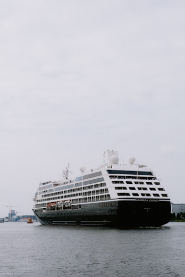 A large cruise ship travels across a calm body of water, with a few buildings visible in the distant background sky. The ship has multiple decks and appears to be carrying passengers, as indicated by people and lifeboats visible on the side.