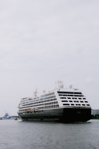 A large cruise ship travels across a calm body of water, with a few buildings visible in the distant background sky. The ship has multiple decks and appears to be carrying passengers, as indicated by people and lifeboats visible on the side.