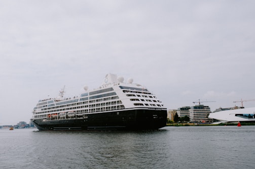 A large cruise ship is sailing on a calm body of water with several buildings and cranes visible in the background. The ship is adorned with multiple decks and features lifeboats and passenger windows along its side.