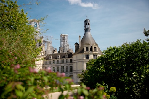A historic building with elegant architecture is partially obscured by lush greenery in the foreground. The building features a tall, rounded tower with a dome and is surrounded by a well-maintained garden. Scaffolding is visible in the background, suggesting ongoing restoration work. The sky above is clear and blue.