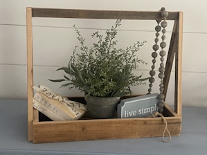 A rustic wooden frame holds a green potted plant with delicate leaves. Beside the plant, a small blue sign with the words 'live simply' is placed inside the frame. A stack of books wrapped with a decorative ribbon lies on the left, while a string of wooden beads hangs from the right corner.