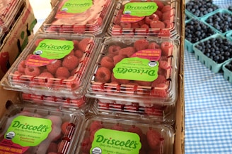 Several plastic containers filled with Driscoll's organic raspberries are stacked together. Each container is labeled with green stickers indicating the brand and organic certification. To the side, there are smaller cardboard containers filled with blueberries. The background features a blue and white checkered cloth.