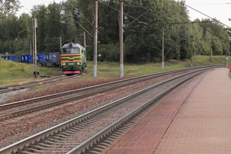 a train traveling down train tracks next to a forest