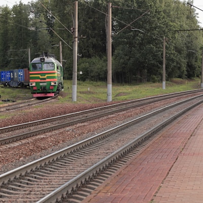 a train traveling down train tracks next to a forest