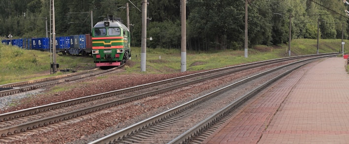 a train traveling down train tracks next to a forest