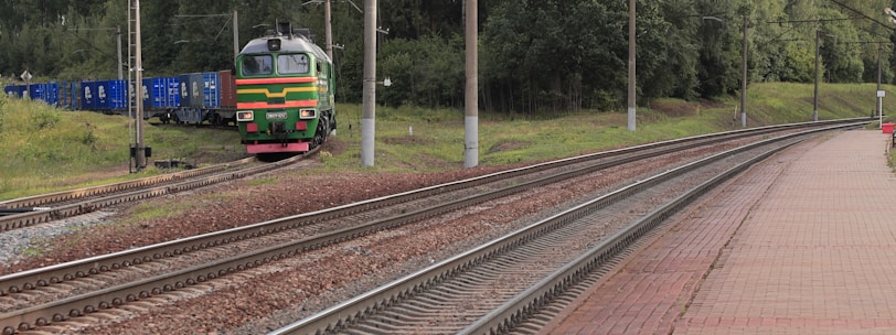 a train traveling down train tracks next to a forest