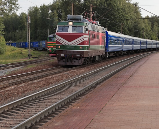 a train traveling down train tracks next to a forest