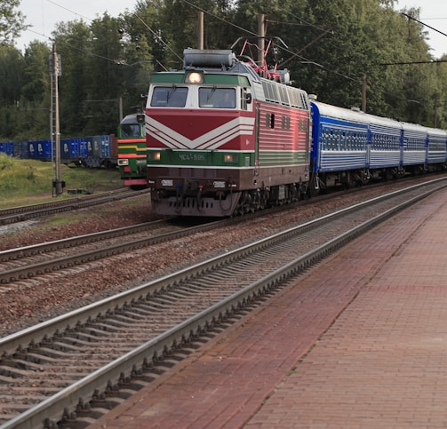 a train traveling down train tracks next to a forest