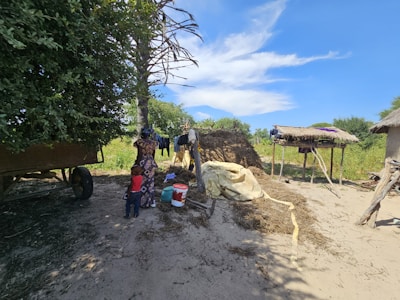 A rural setting with two people, including a child wearing a red shirt, standing near a makeshift structure covered with a thatched roof. Clothes hang to dry on a line stretched between two trees. In the background, there are simple huts with straw roofs. A cart is partially visible under the shade of a large tree, while containers and buckets are scattered on the ground.