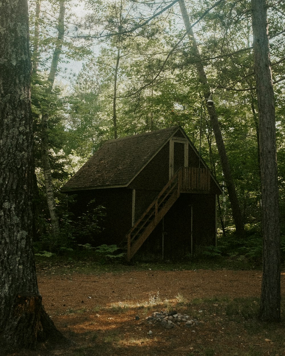 a cabin in the woods with stairs leading up to it