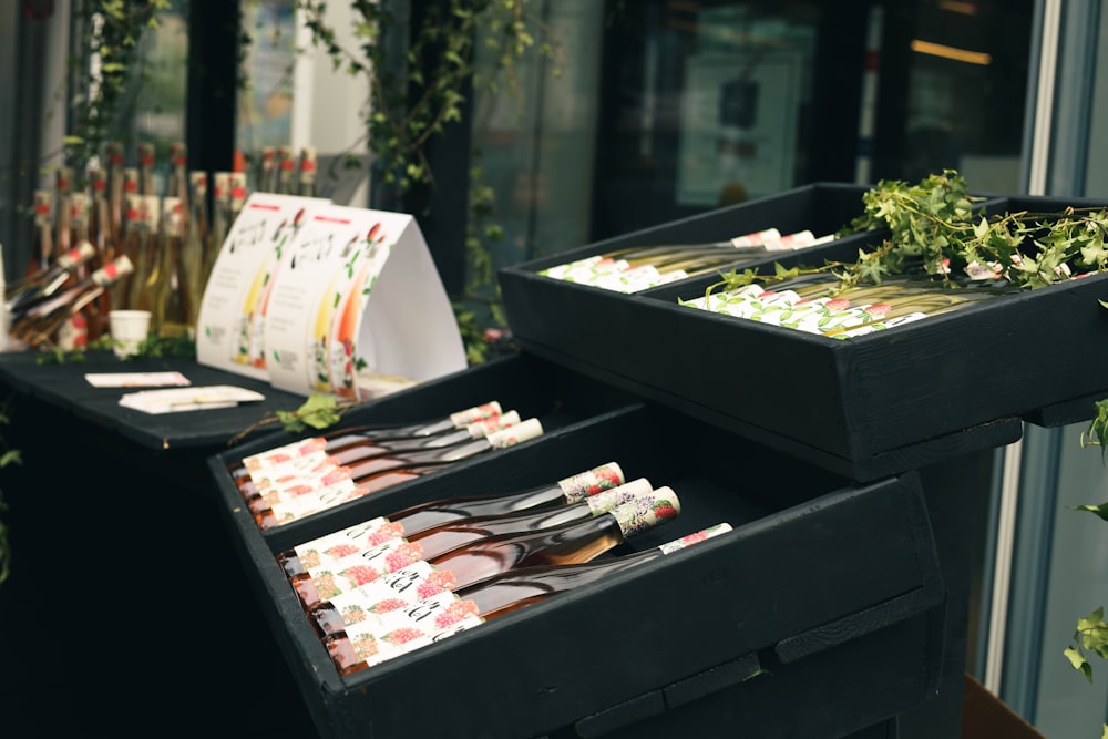 a couple of trays of food on a table