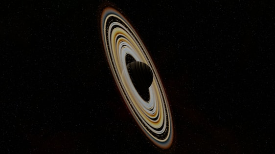 A detailed visualization of a symmetric black hole with a static Schwarzschild horizon against a cosmic backdrop.