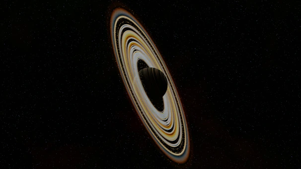 A striking visualization of a cosmic black hole merging quantum and relativistic effects in vibrant colors.